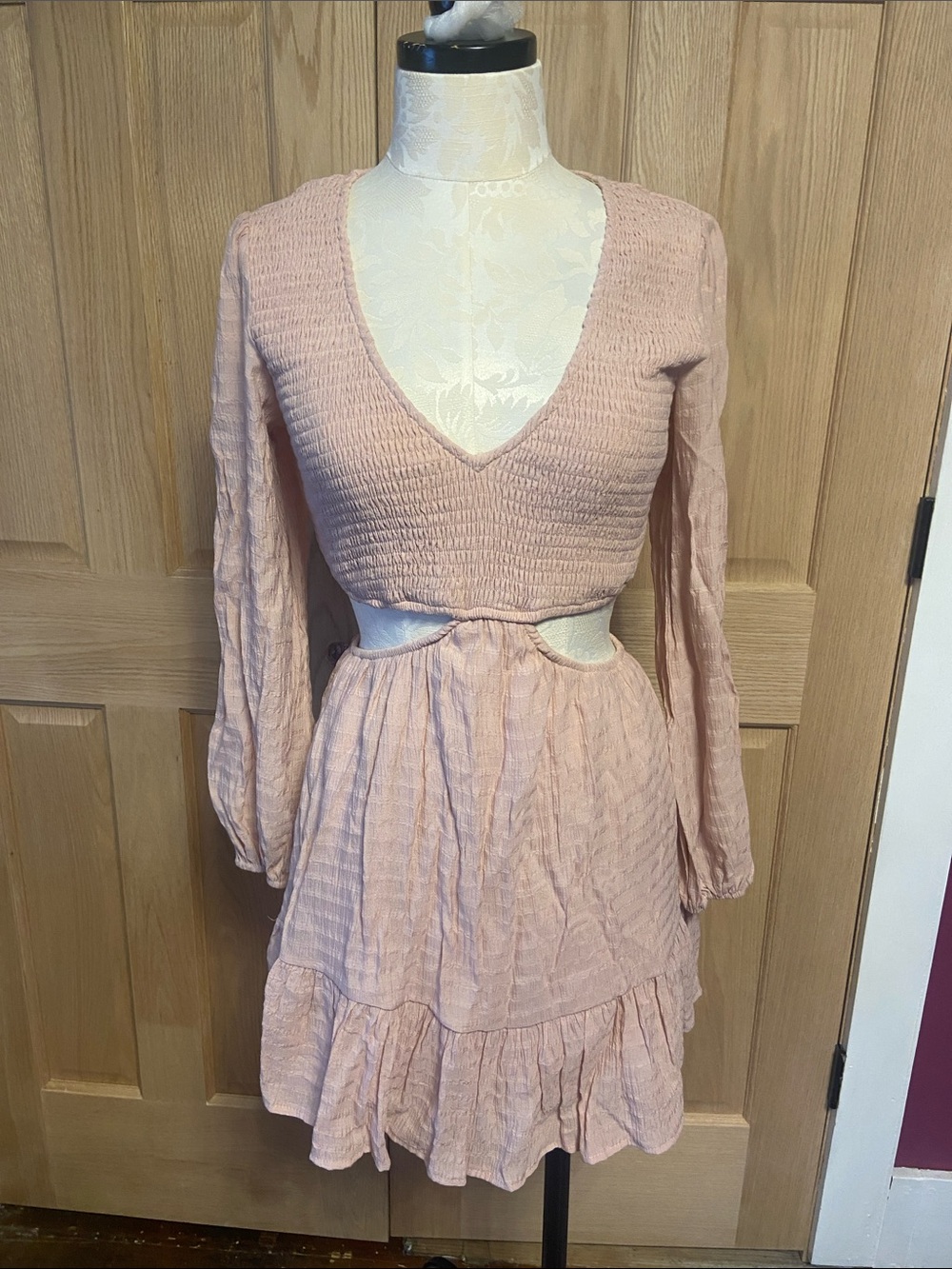 Altar'd State Blush Pink V-Neck Cutout Ruffle Mini Dress